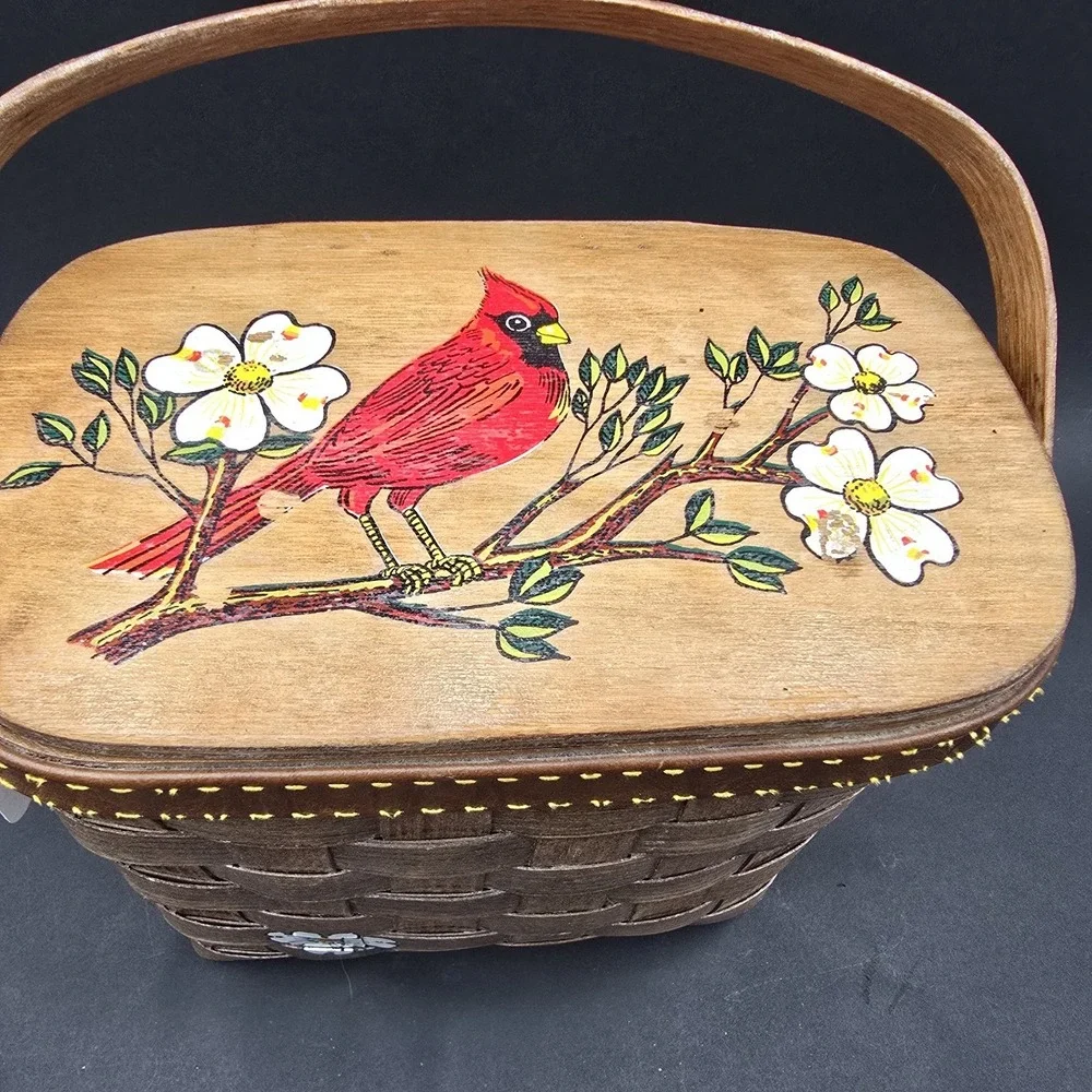 Caro Nan Vintage Basket Purse Signed Hand Painted Cardinal Handmade lined